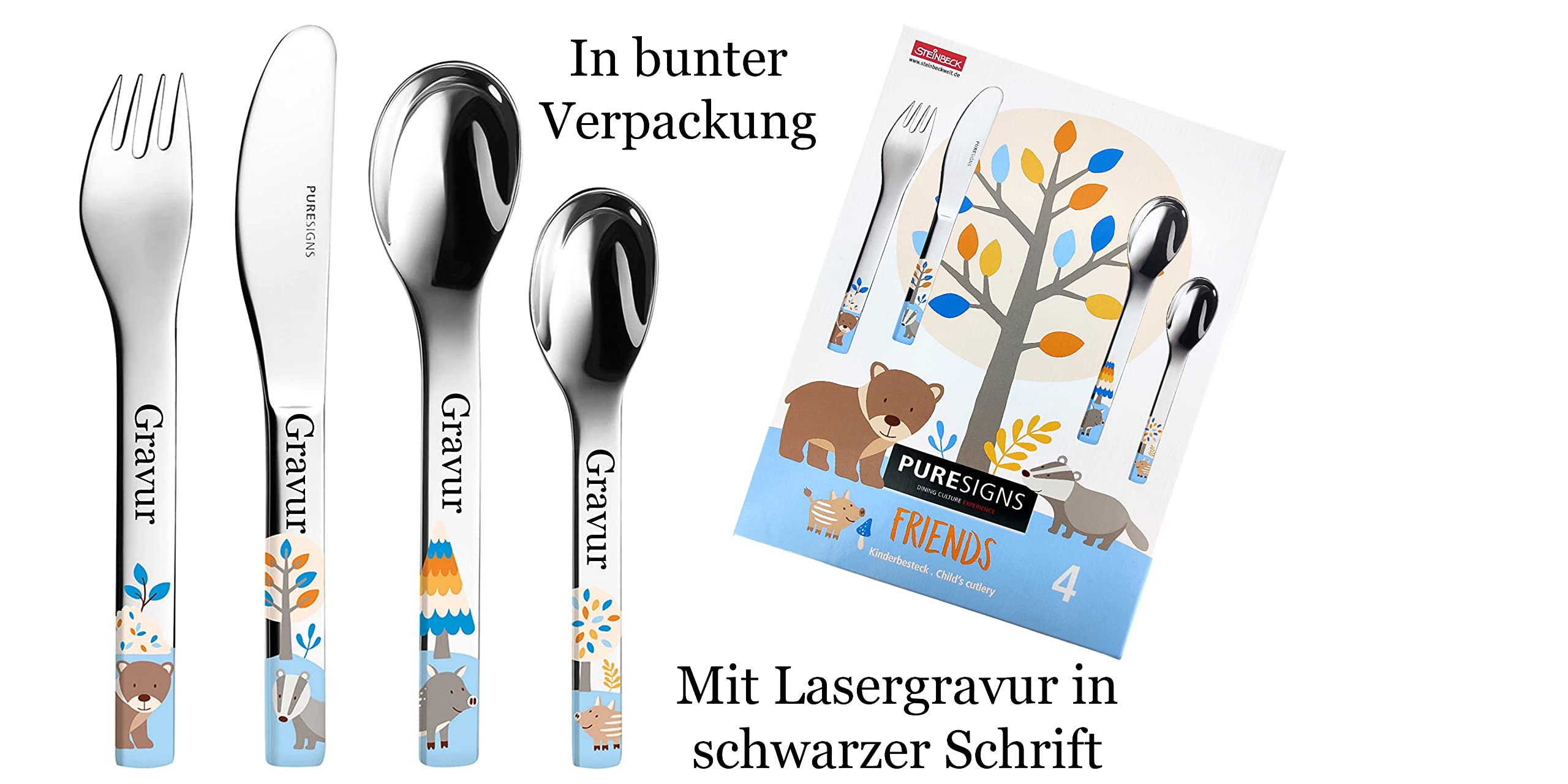 Kinderbesteck Friends mit Tiermotiv und eigener Gravur/Namen auf Besteck (Waldtiere Bär Dachs Wildschwein)