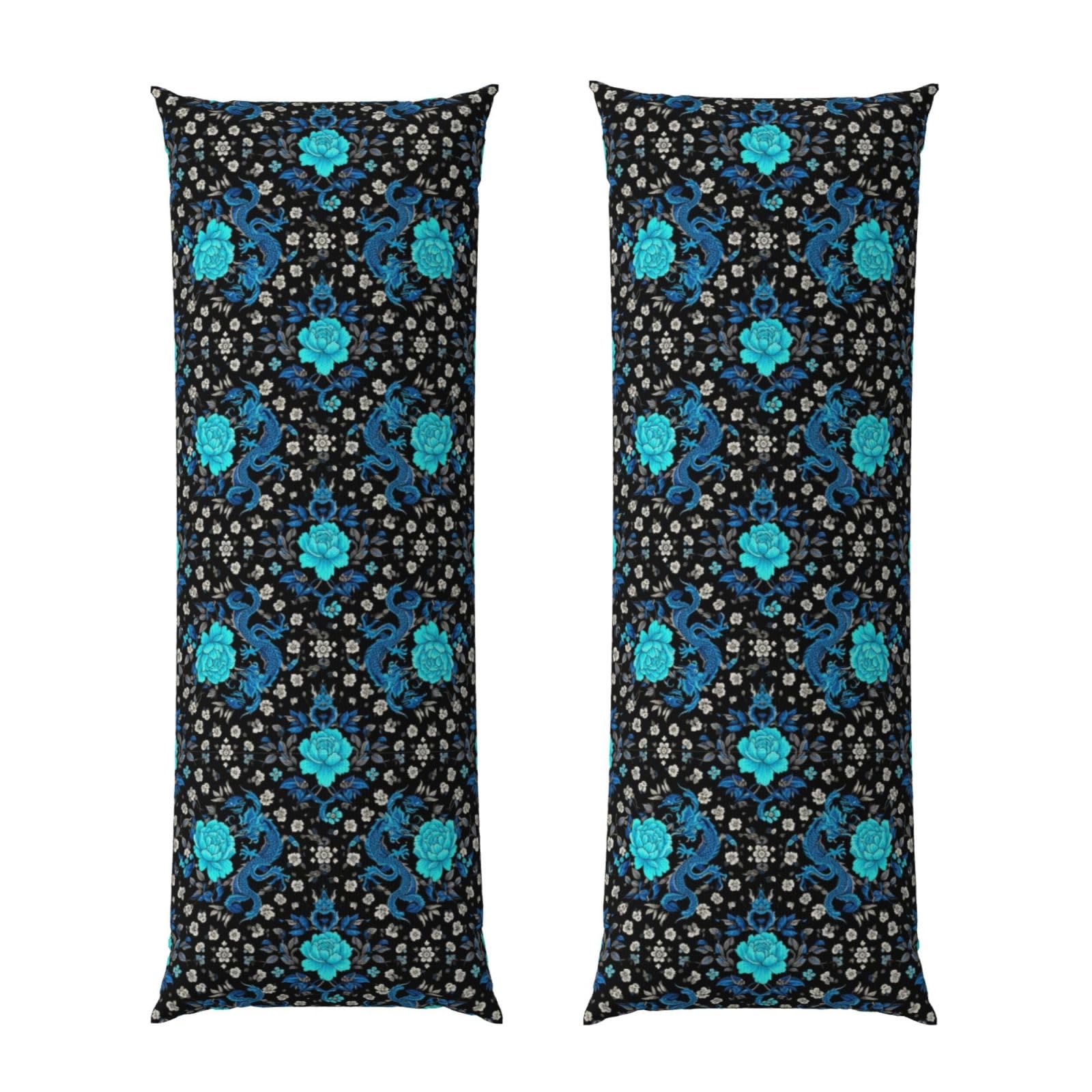 Body Pillow Cover 20x54 Inch, Light Blue Flowers Cool Dragons Floral, Plush Velvet Long Pillowcase with Zipper, Softffy Rectangular Case for Couch Bed Hotel Decor