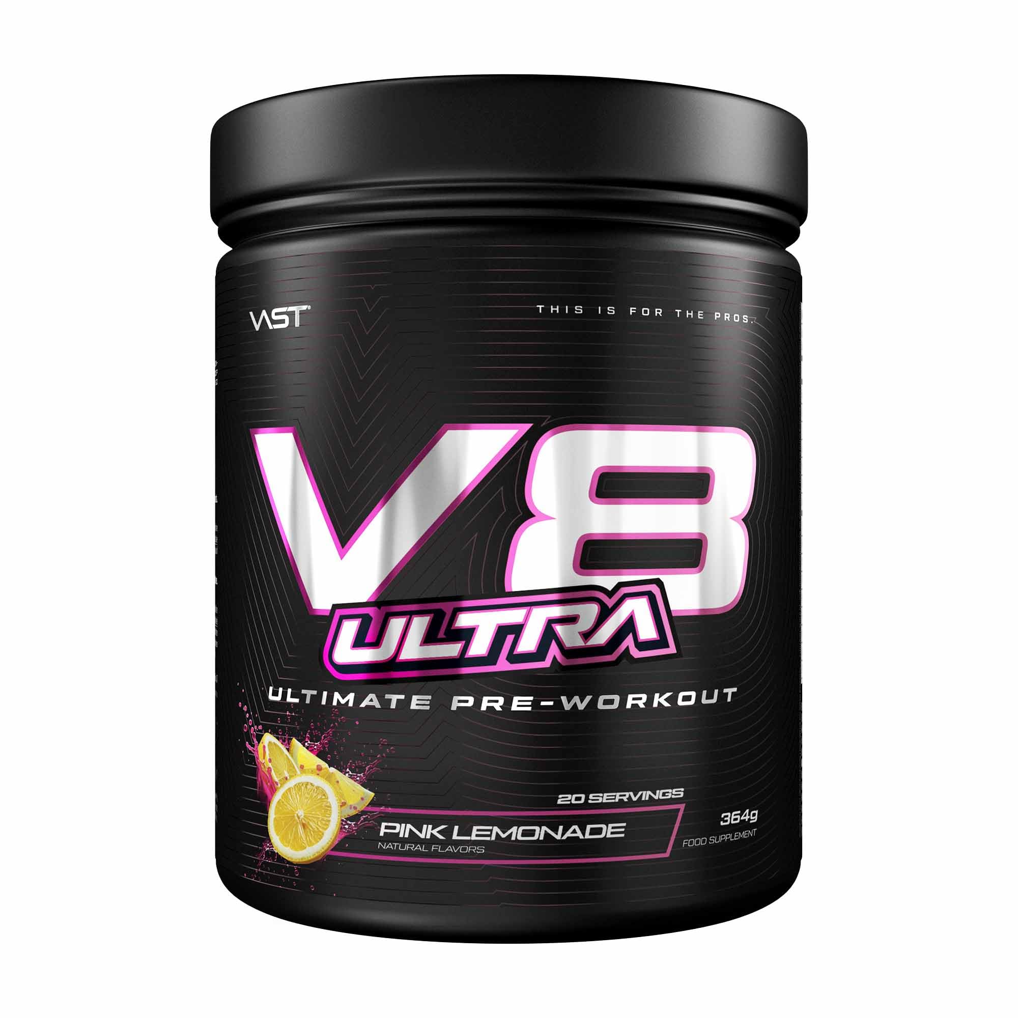 VAST V8 Ultra Pre-Workout Pink Lemonade, 364 g, 20 Portionen, 4-in-1 Formel mit 7 patentierten Inhaltsstoffen, 300 mg Koffein, ohne Zucker