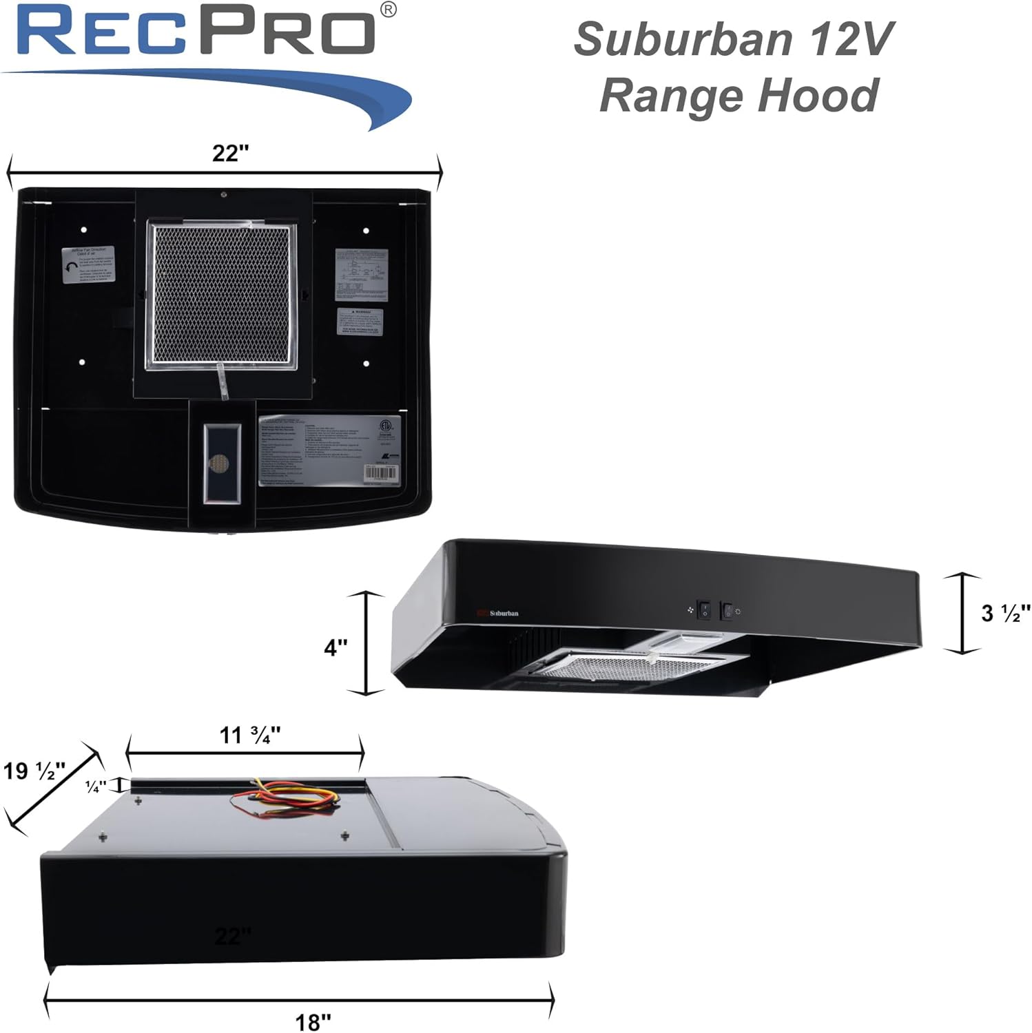 RecPro RV Suburban Range Hood with LED Light | 12V Non-Ducted Under Cabinet Vent Hood | Hardwired Installation | Grease Filter | Ideal for RVs & Campers (Black or Stainless Steel) (Black)