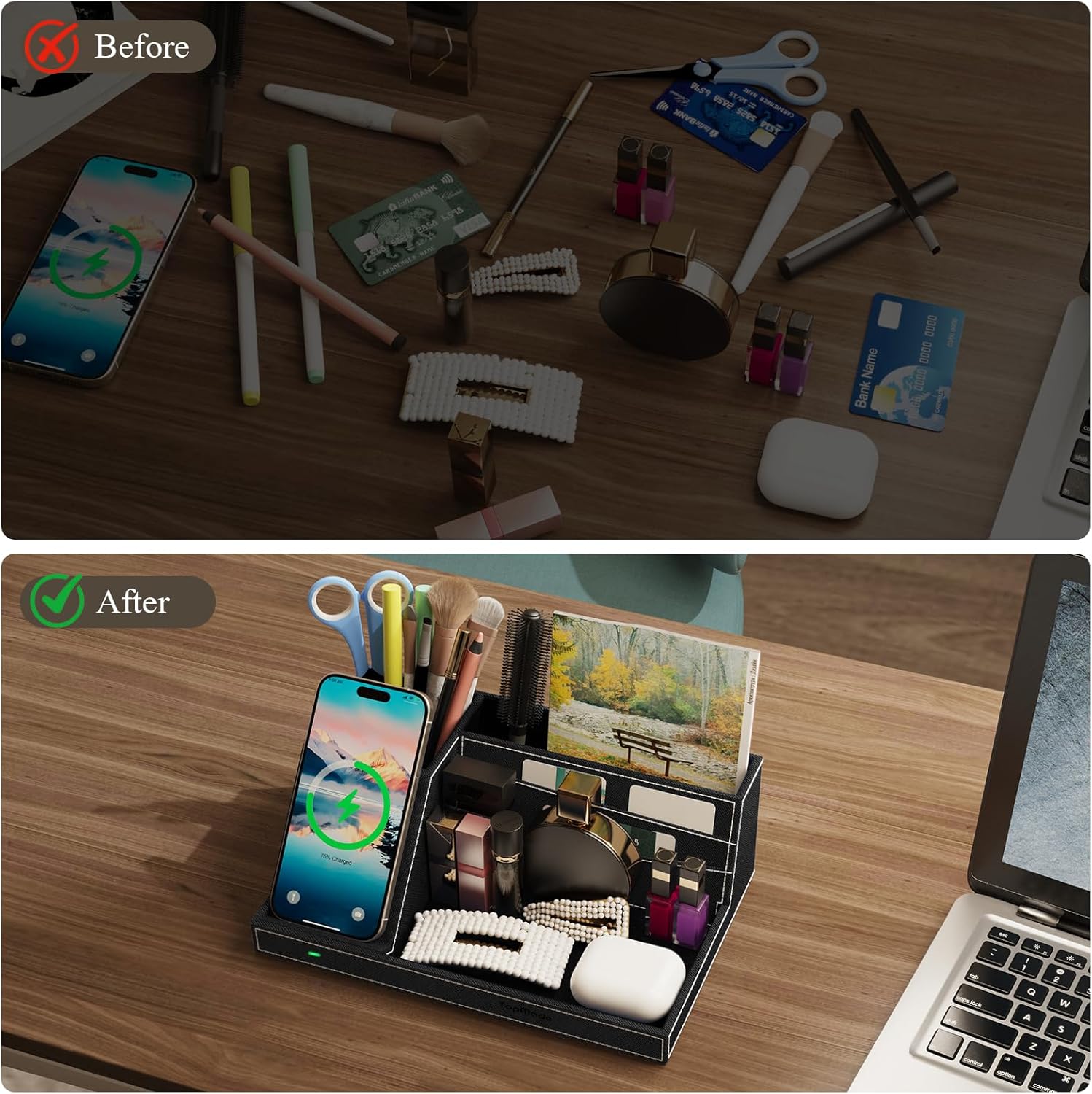 TopMade Wireless Charger Desk Nightstand Organizer, Leather Pen Holder Office Supplies Desk Accessories Fast Charging Station, Remote Control Holder, for iphone Charger Stand Gifts for Men (Black)