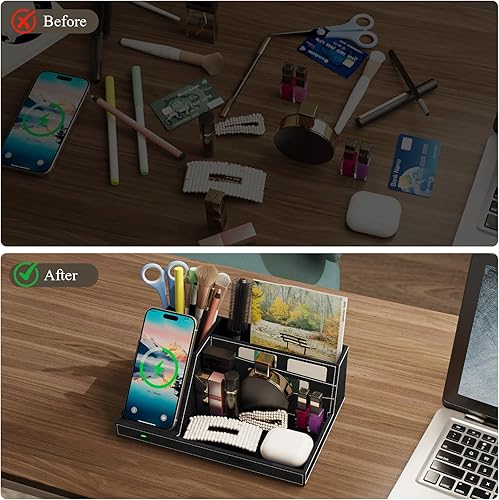 Miniatura 2 de TopMade Organizador de mesita de noche de escritorio con cargador inalámbrico, soporte de cuero para bolígrafos, accesorios de oficina, estación de