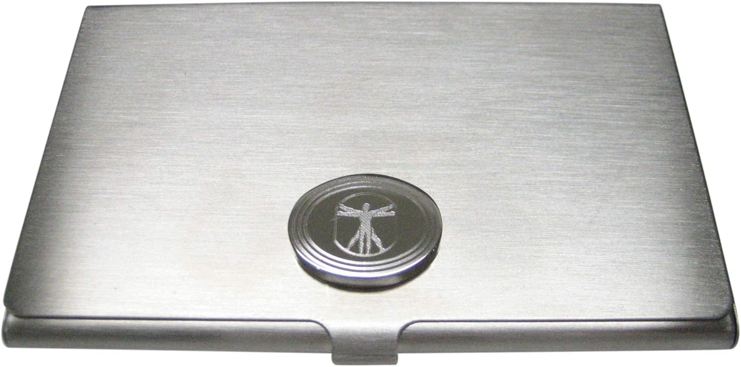 Kiola Designs Silver Toned Etched Oval Leonardo Da Vinci Vitruvian Man Business Card Holder