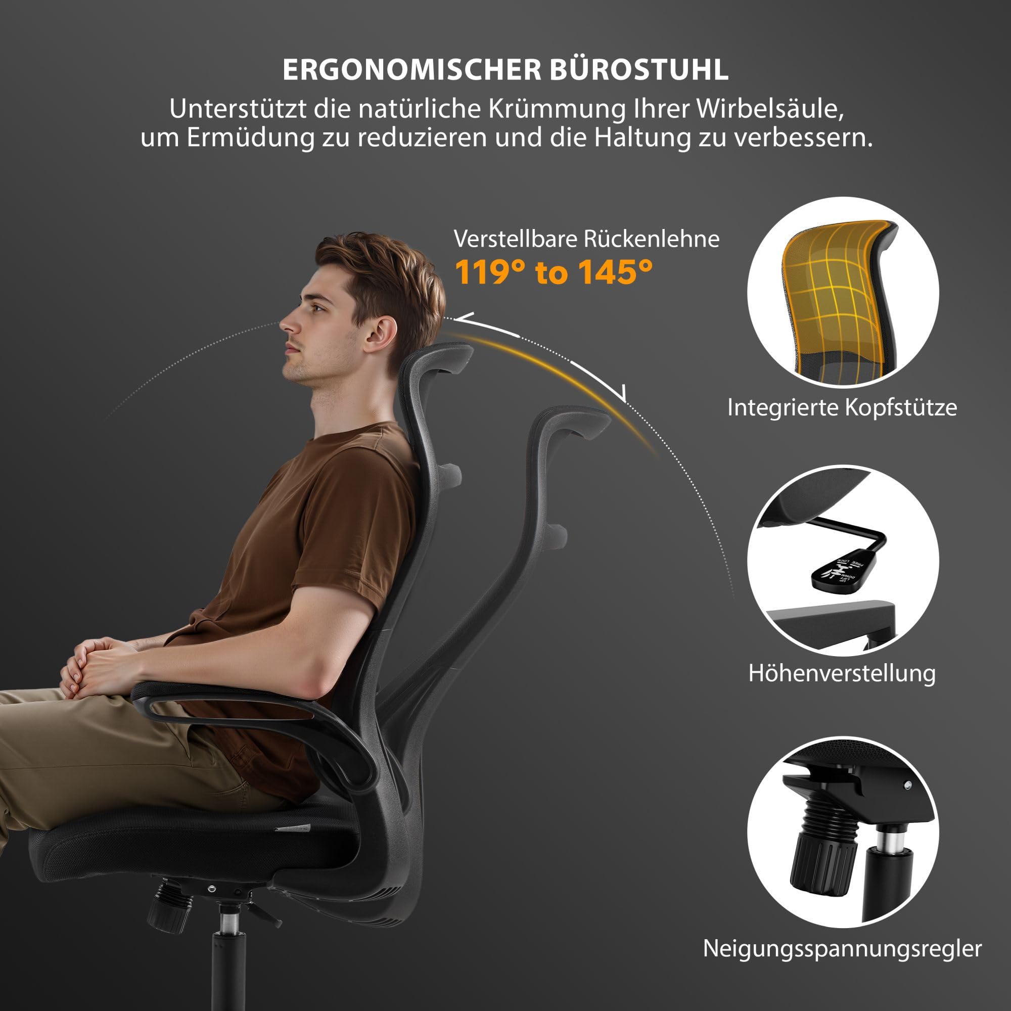 SENSE7 ergonomischer Bürostuhl höhenverstellbar Netzrückenlehne Schwarz