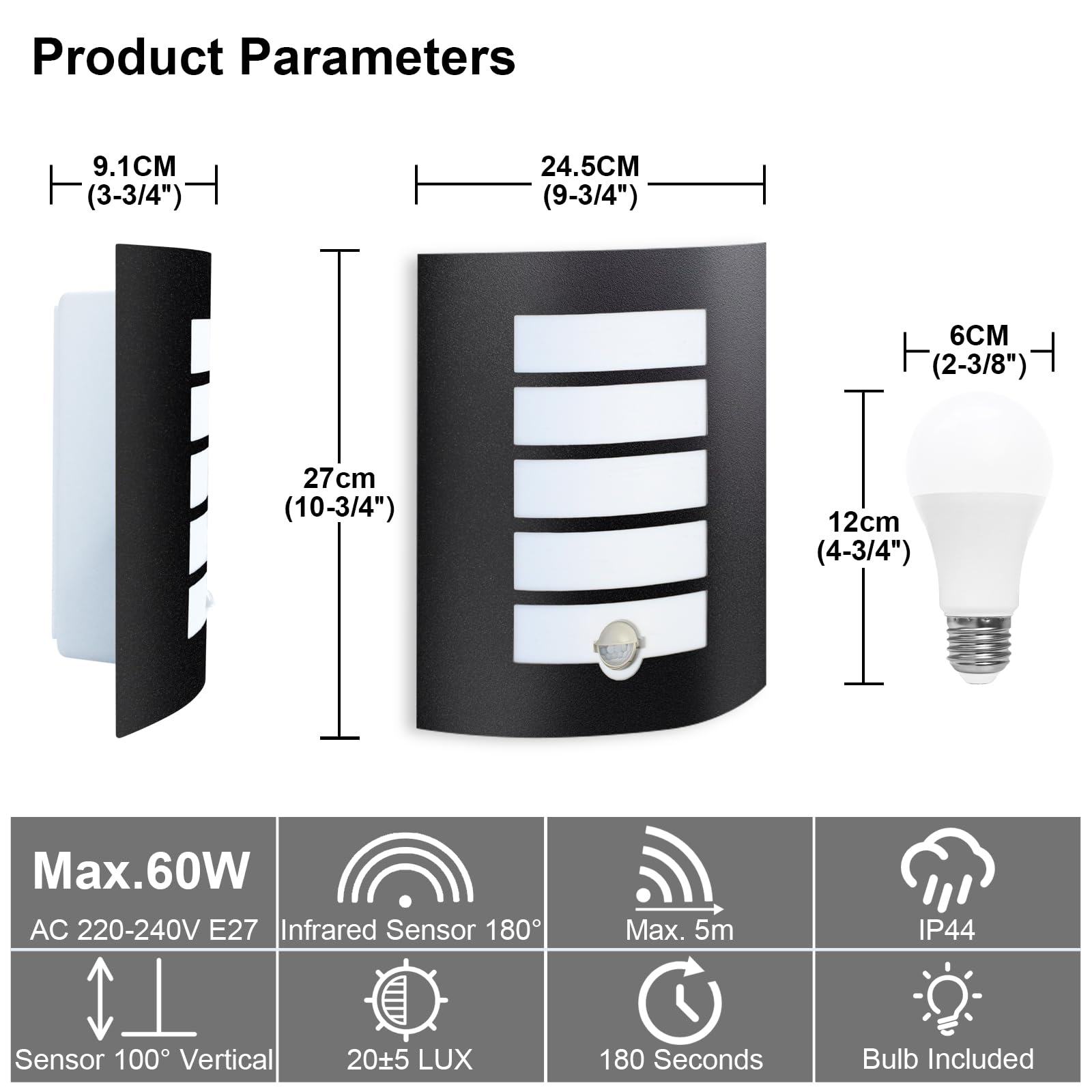 Applique Murale Extérieur/Intérieur avec Détecteur de Mouvement E27 LED Noir,12W Blanc Chaud 1200lm Luminaire IP44 Exterieur Étanche ABS,Lampe Exterieur pour Escalier Couloir Garage