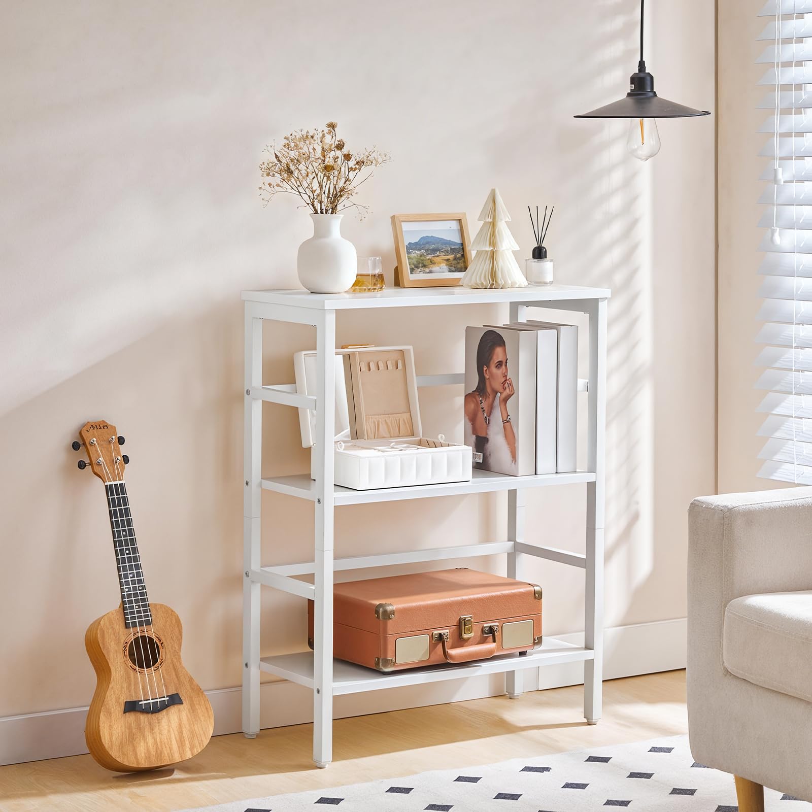HOOBRO Estantería de Escalera, Estantería para Discos, Librería de 3 Estantes, Estantería para Plantas, Estructura Metálica, Sala de Estar, Dormitorio, Blanco EWT86CJ01G1