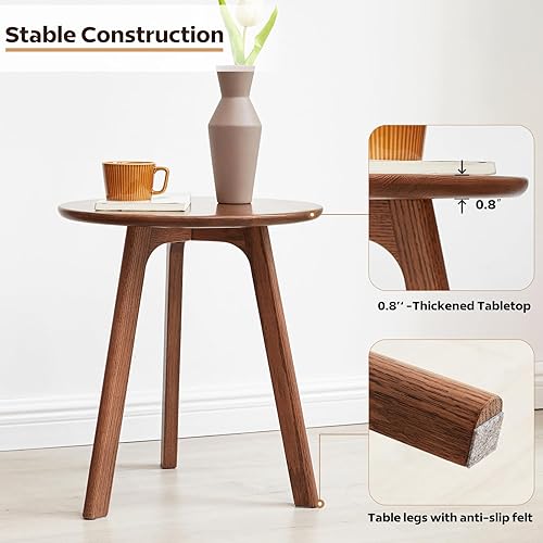 Miniatura 4 de Mesa auxiliar redonda 100% roble macizo, mesa auxiliar pequeña para espacios pequeños, mesas auxiliares de sala de estar de 3 patas con marco