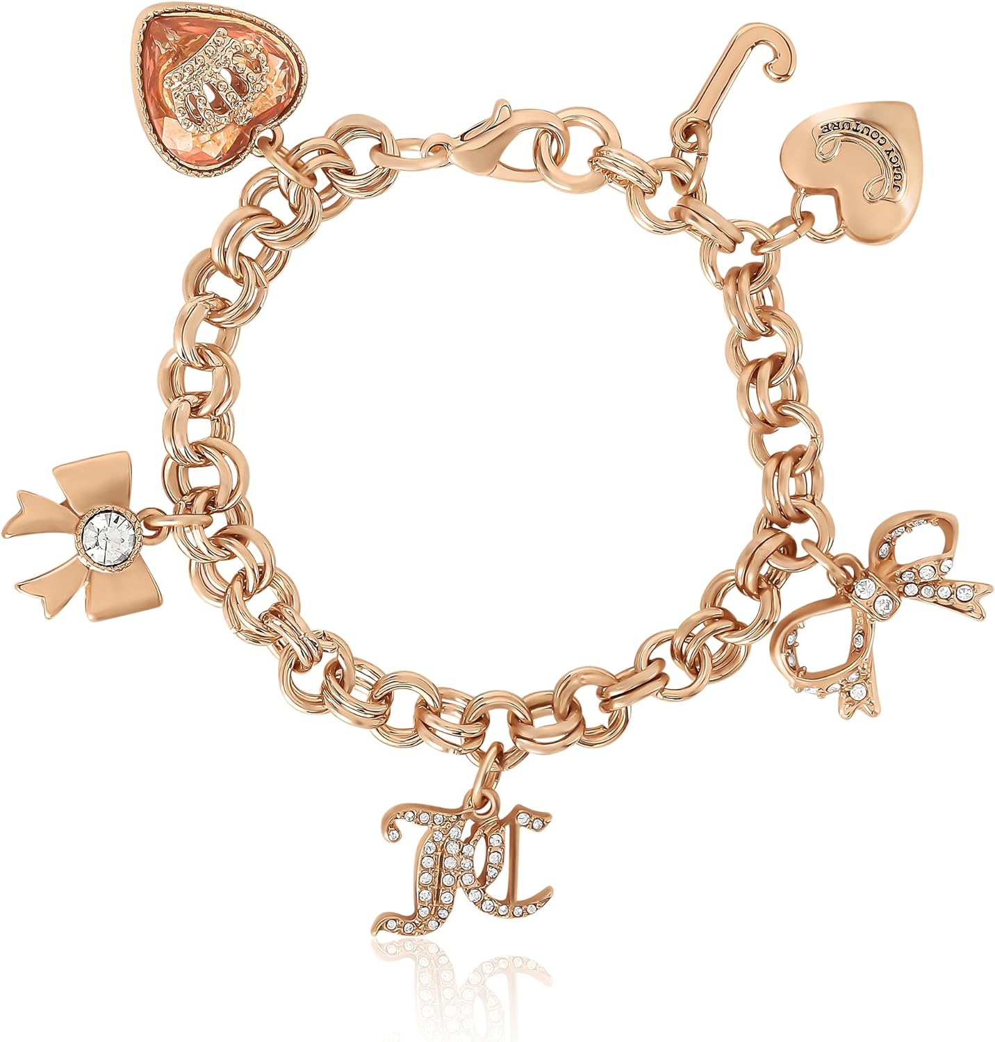 Juicy Couture Bracelet 7-7.5", Goldtone Charm Bracelets for Women with 6 Different Charms Featuring Clear Stones