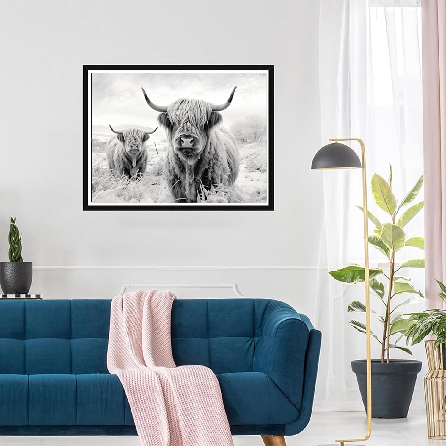 QAZWSX Black White Highland Cattle Cow 5D Diamond Art Painting for Adults Full Drill Round Diamond Paint by Number Kits for Beginners Gems Cross Stitch for Wall Decor 12x16inch