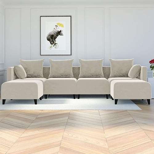 DHHU Moderno sofá modular grande en forma de U, sofás cuadrados de terciopelo con 6 almohadas para sala de estar, oficina en casa, beige con pie