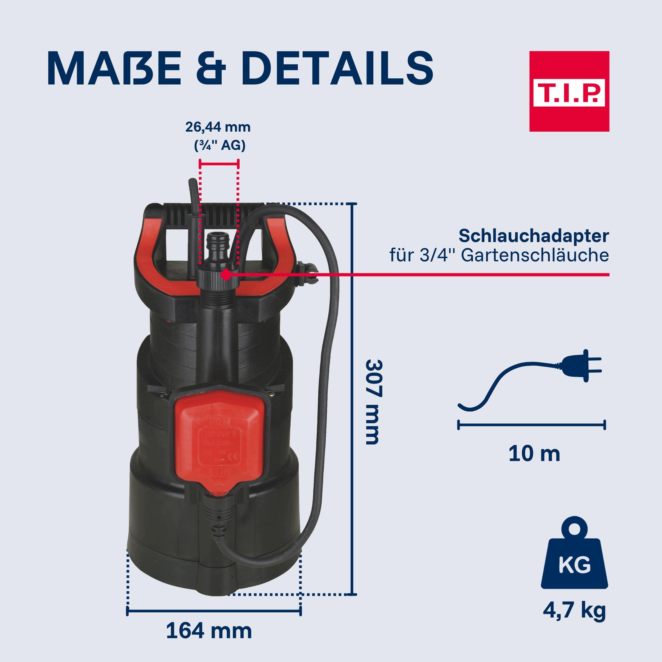 T.I.P. Tauchdruckpumpe DrainPress 3200/24-3.200 l/h, Flachabsaugend bis 1 mm, 24 m Förderhöhe, 2,4 bar Druck, Regenfasspumpe mit Schnellanschluss, 30182