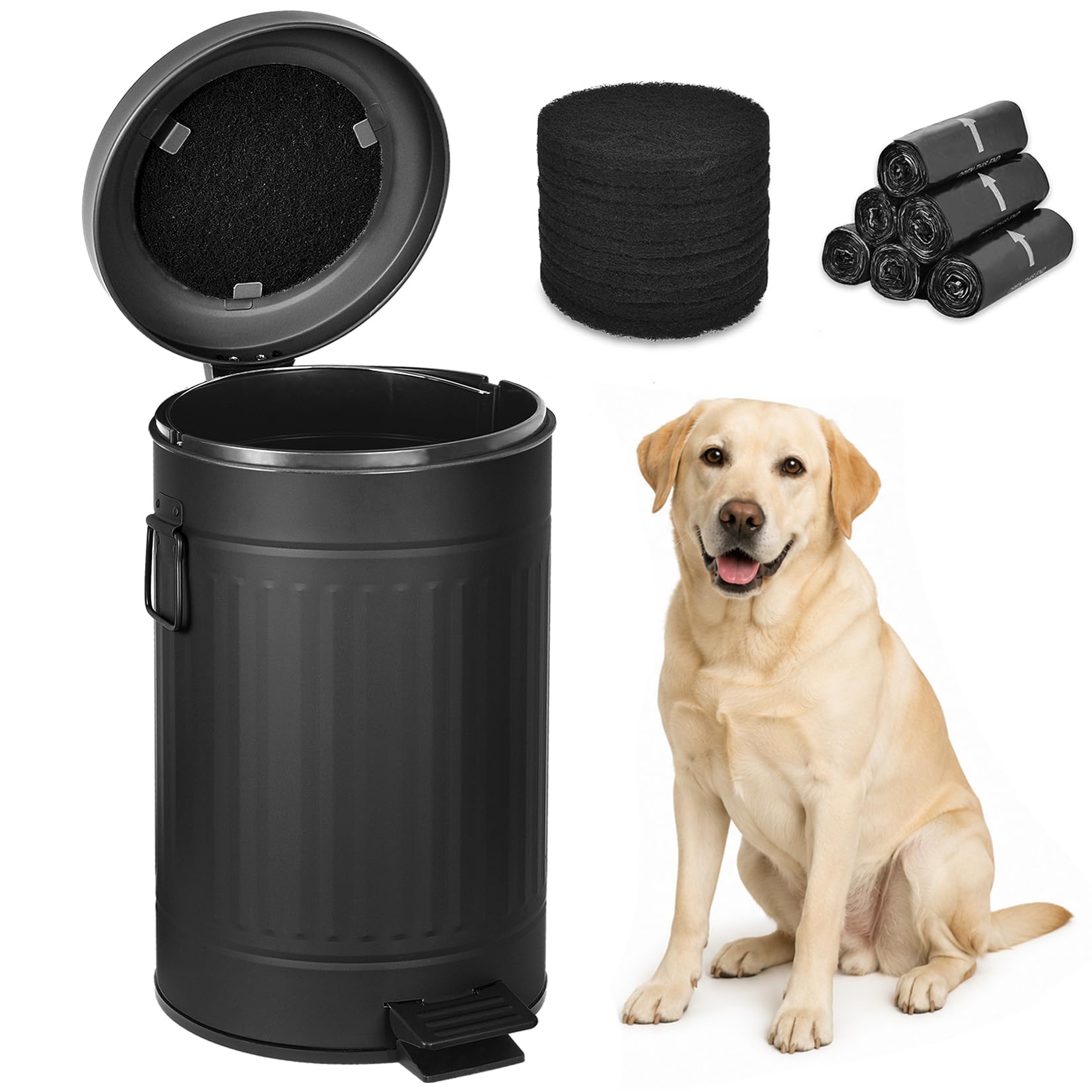 Dog Poop Trash Can with Lid for Outdoors，3.2 Gallon Trash Can with Activated Carbon Filter &amp; Plastic Bags, Pet Waste Container，UP12L-BK-Y+90BK-New