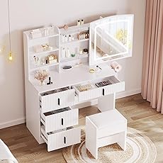 DWVO Makeup Vanity Desk with LED Lighted Mirror & Power Outlet, Fluted Large Vanity Set with 4 Drawers, 3 Color Brightness Adjustable, Lots Storage Dressing Table with Chair for Bedroom, Black