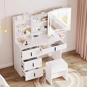 DWVO Makeup Vanity Desk with LED Lighted Mirror & Power Outlet, Fluted Large Vanity Set with 4 Drawers, 3 Color Brightness Adjustable, Lots Storage Dressing Table with Chair for Bedroom, White