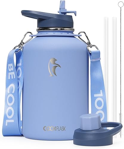 Miniatura 11 de Coolflask Botella de agua con pajilla, termo de agua de metal aislado de 40 onzas con tapas de popote y boquilla, acero inoxidable de doble pared
