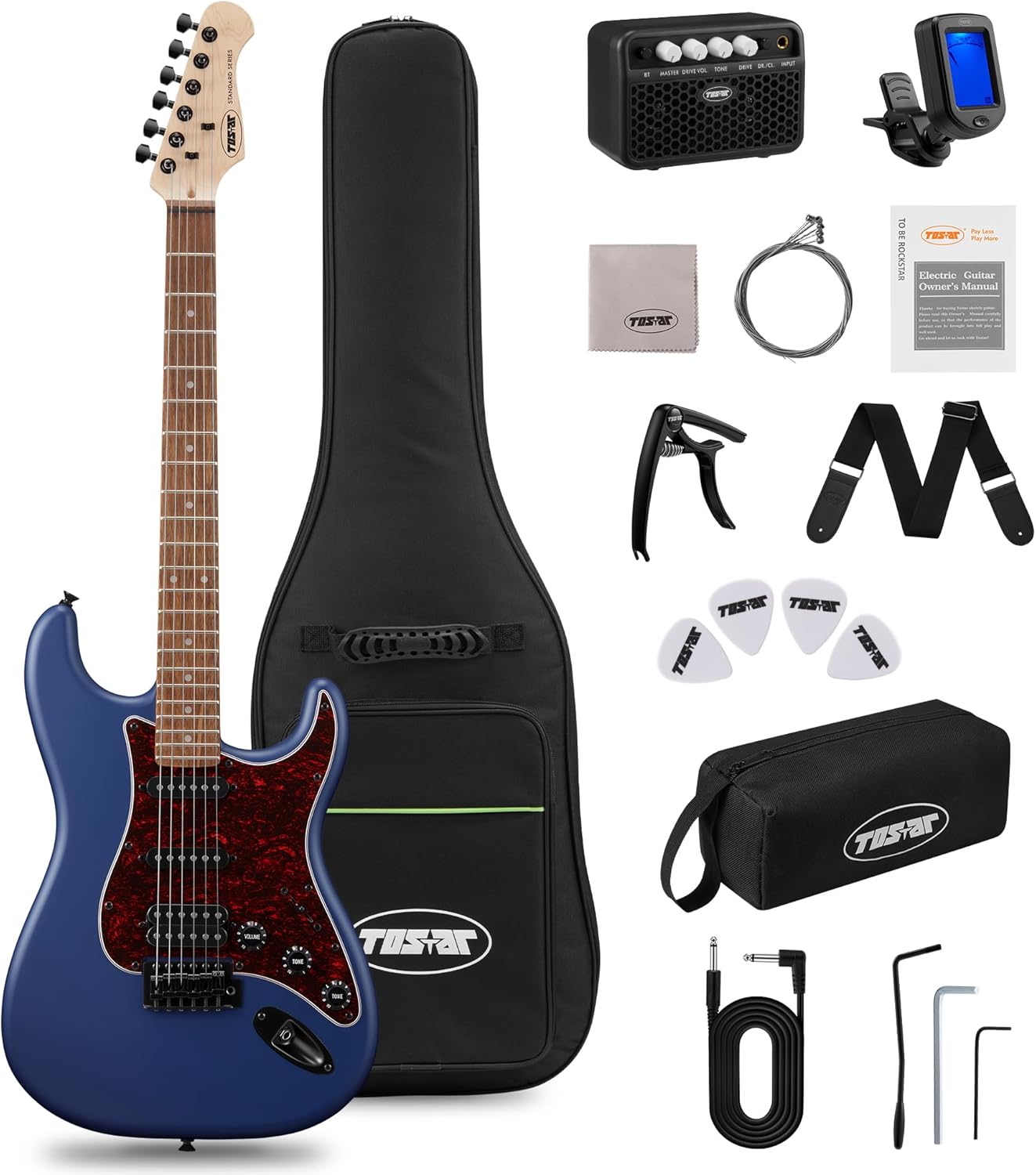 Tostar Electric Guitar Kit with Amp SSS Pickup Beginner Electric Guitar with Gig Bag,Capo,Tremolo, Strap, Picks Stratocaster 39" Full Size Electric Guitars Heavy Metal 6 String for Gifts Satin Blue