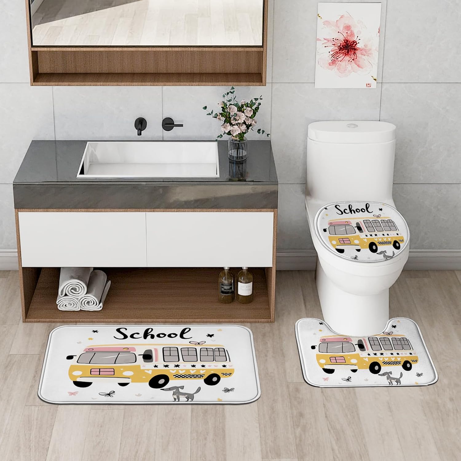 4PCS Cartoon Greyhound Dog Bathroom Accessory Sets with Non-Slip Rug, U Shape and Toilet Lid Cover Mat, Kid School Bus Bathroom Fabric Decor-72''x72''