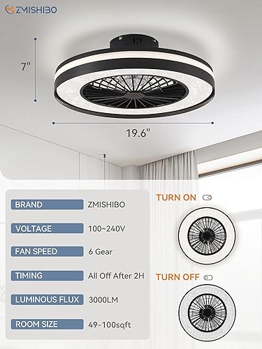 Miniatura 5 de ZMISHIBO Ventilador de techo cerrado negro de 20 pulgadas con luz, ventilador de techo LED sin aspas con pantalla de arena de cristal, ventilador de