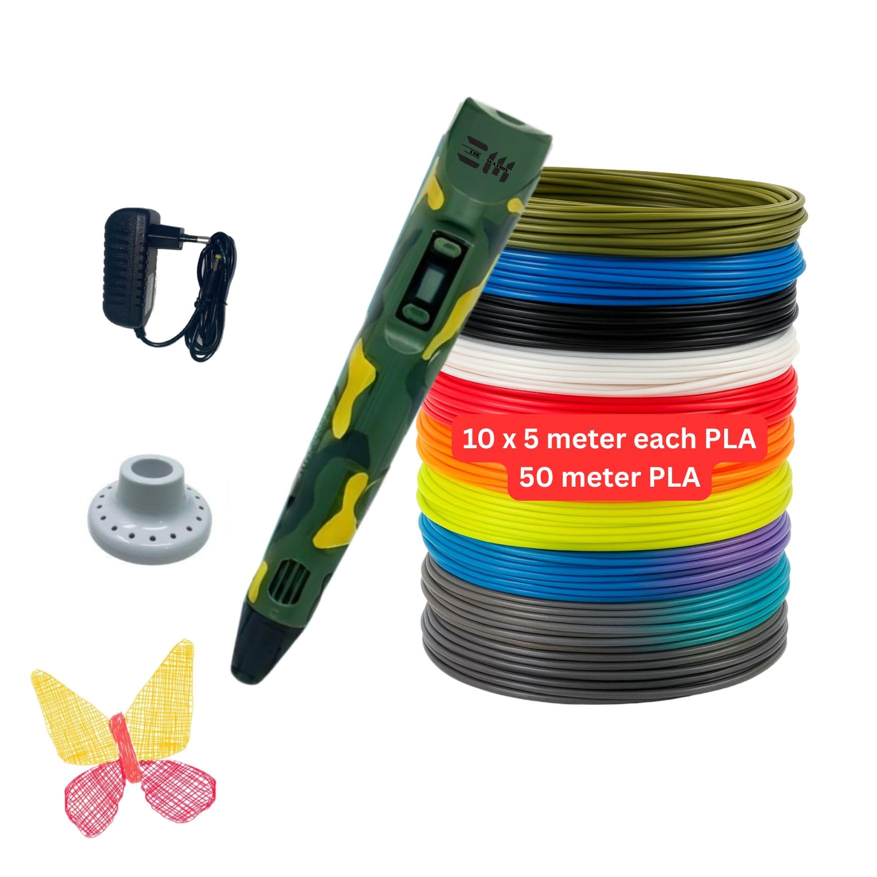 3D Pen (Camouflage Color) with 10in1 PLA Filament - 3D Pen Set for Kids - Adapter 10in1 PLA 5m Included-picture-30