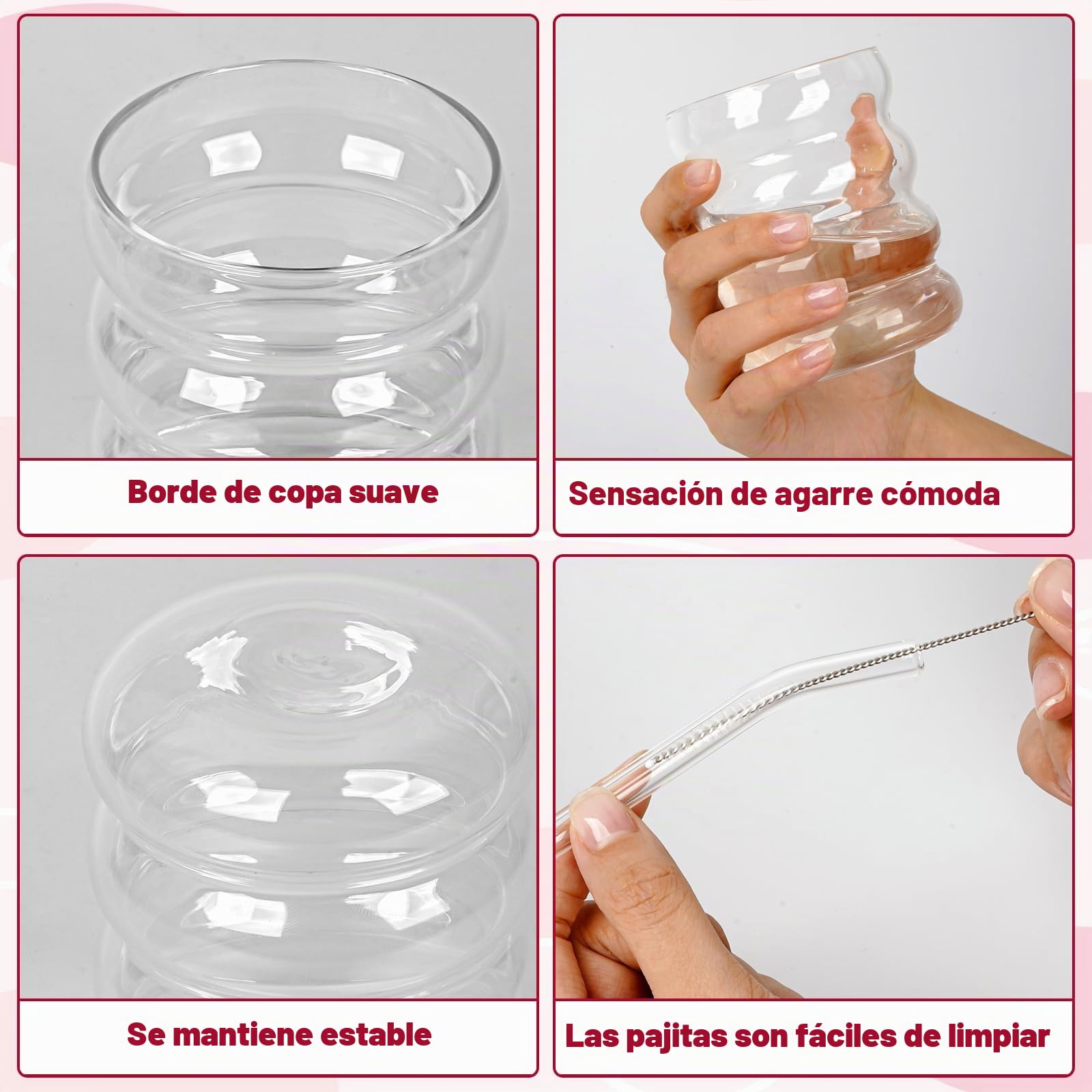 Vasos acanalados, 4 vasos de café, vasos de burbuja de 350 ml, juego de vasos acanalados, vasos universales con pajitas de cristal y cepillos para cócteles, leche, refrescos, café