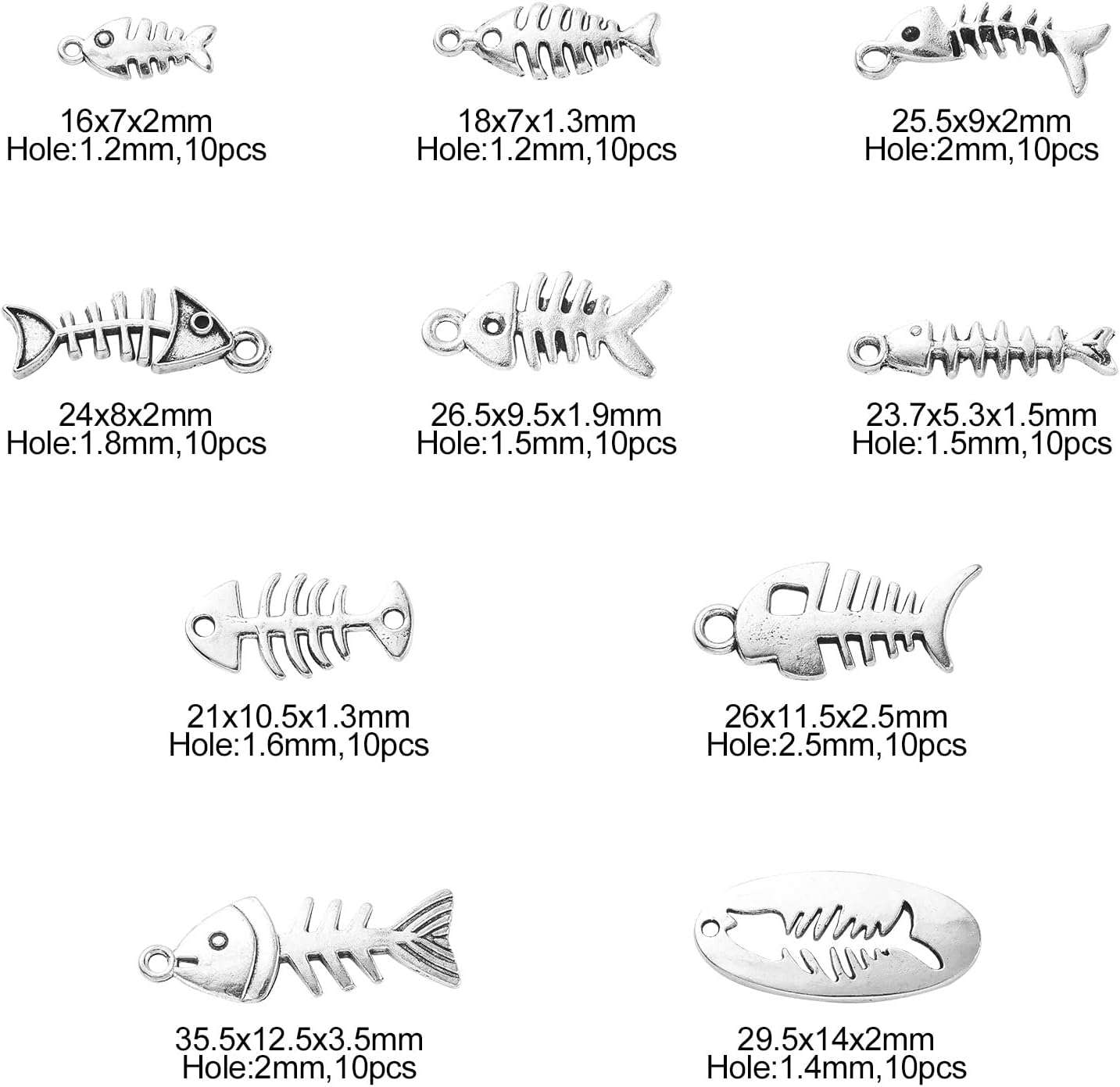 LiQunSweet 100 Pcs 10 Styles Ocean Marine Life Fish Bone Fishbone Charms for Earring Necklace Bracelet Keychain Jewelry Craft Making
