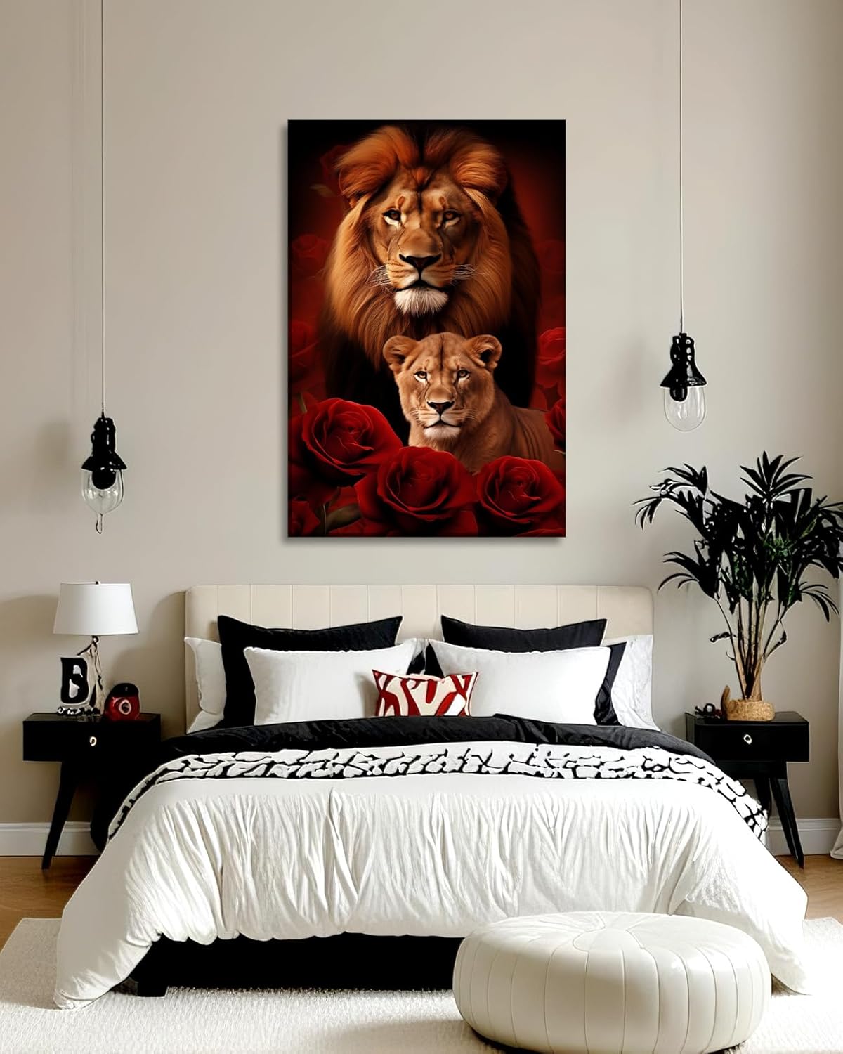 Lion Canvas Wall Art Lion and Lioness Decor Red Rose Flower Picture Animal Painting Contemporary Artwork for Living Room Bedroom Home Office Decor Framed(Artwork-5,12.00"x18.00")
