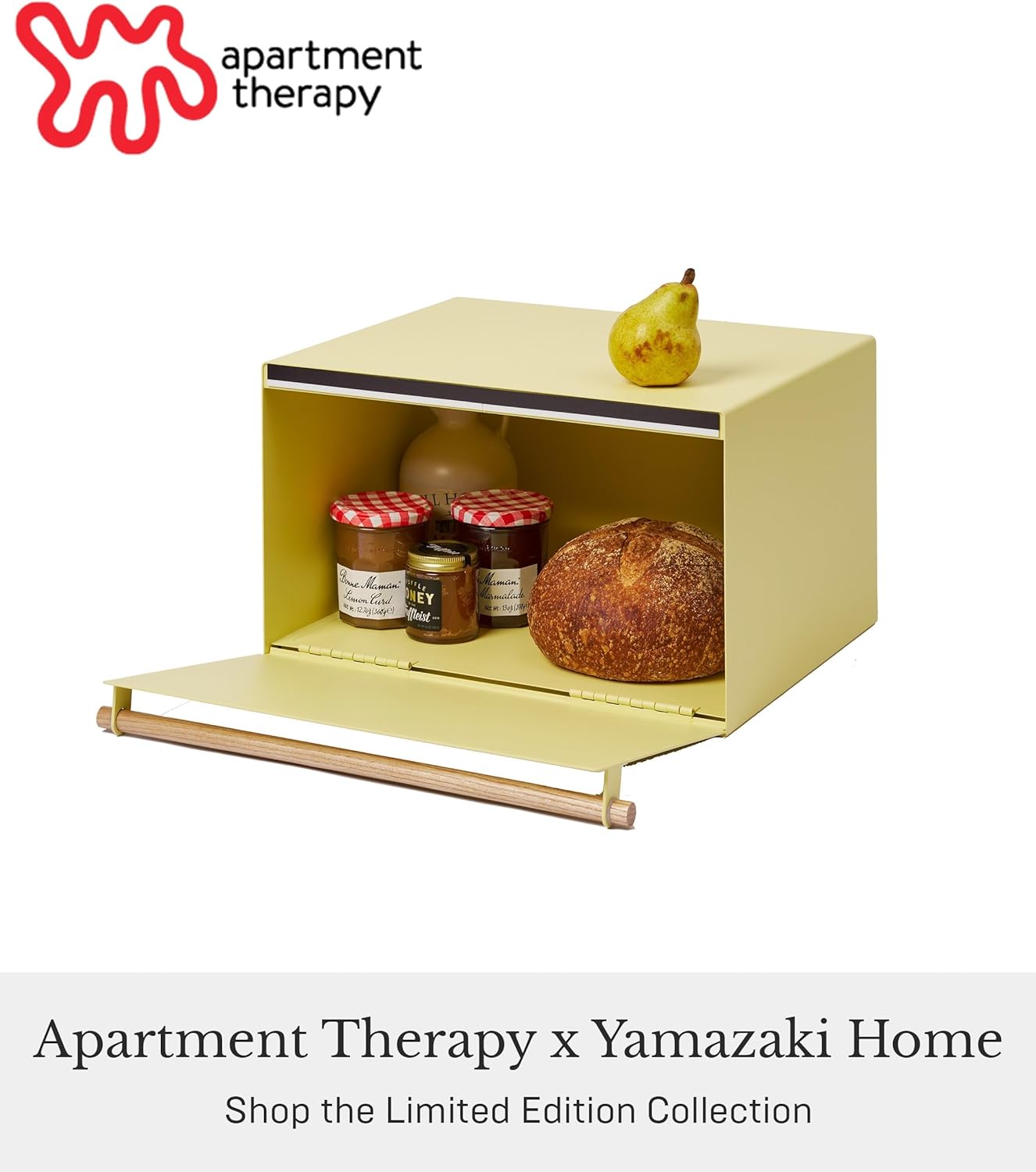 YAMAZAKI Home Modern Bread Box – Steel + Wood Countertop Bread Storage Container, Large Yellow Bread Box for Kitchen Countertop, Space-Saving Bread Keeper, Easy Access Lid