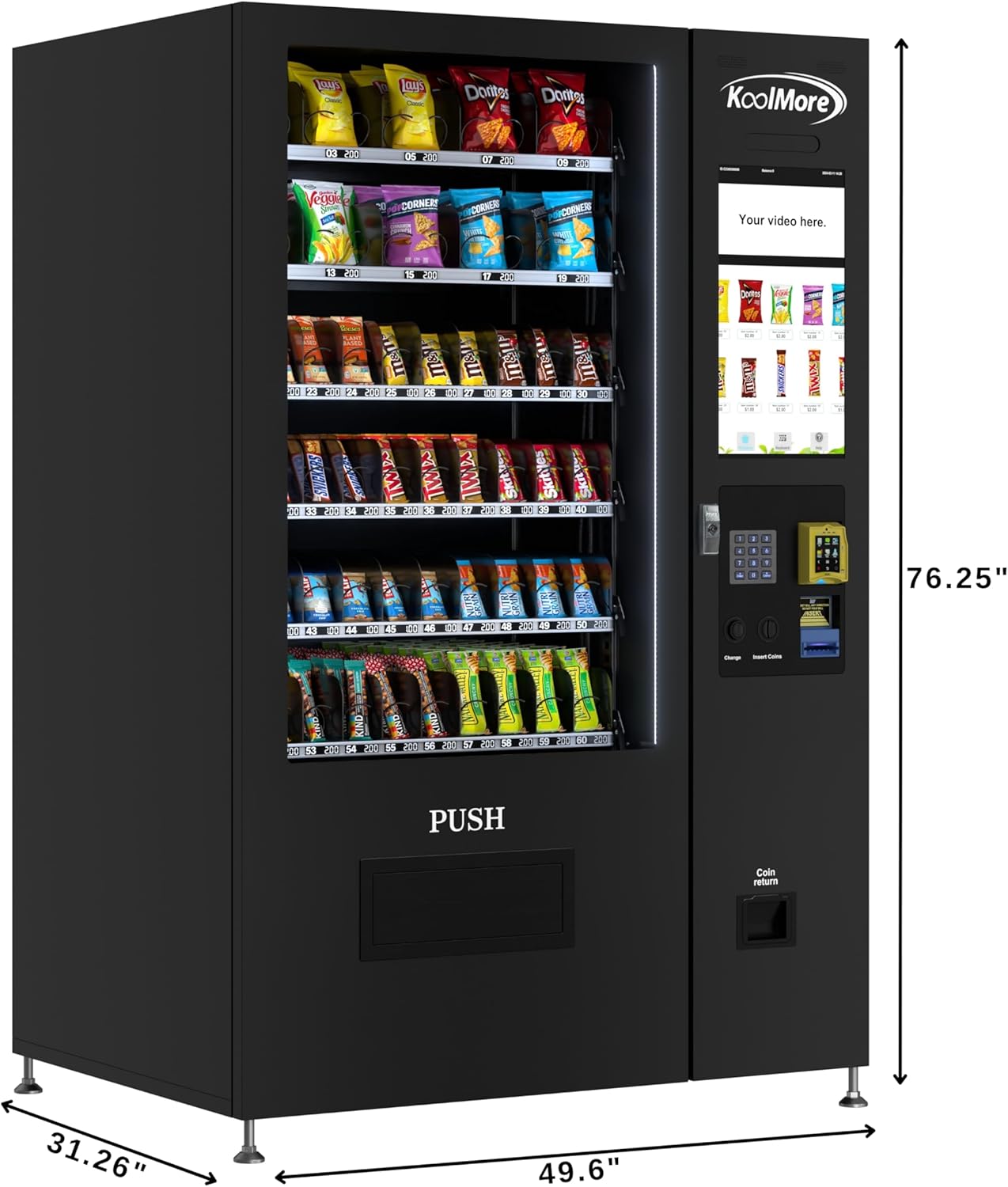 KoolMore Non-Refrigerated Snack Vending Machine with 60 Slots, Credit Card Reader, Coin and Bill Acceptor, and 22 Inch Touch Screen in Black (KM-VMNT-50-BCR)