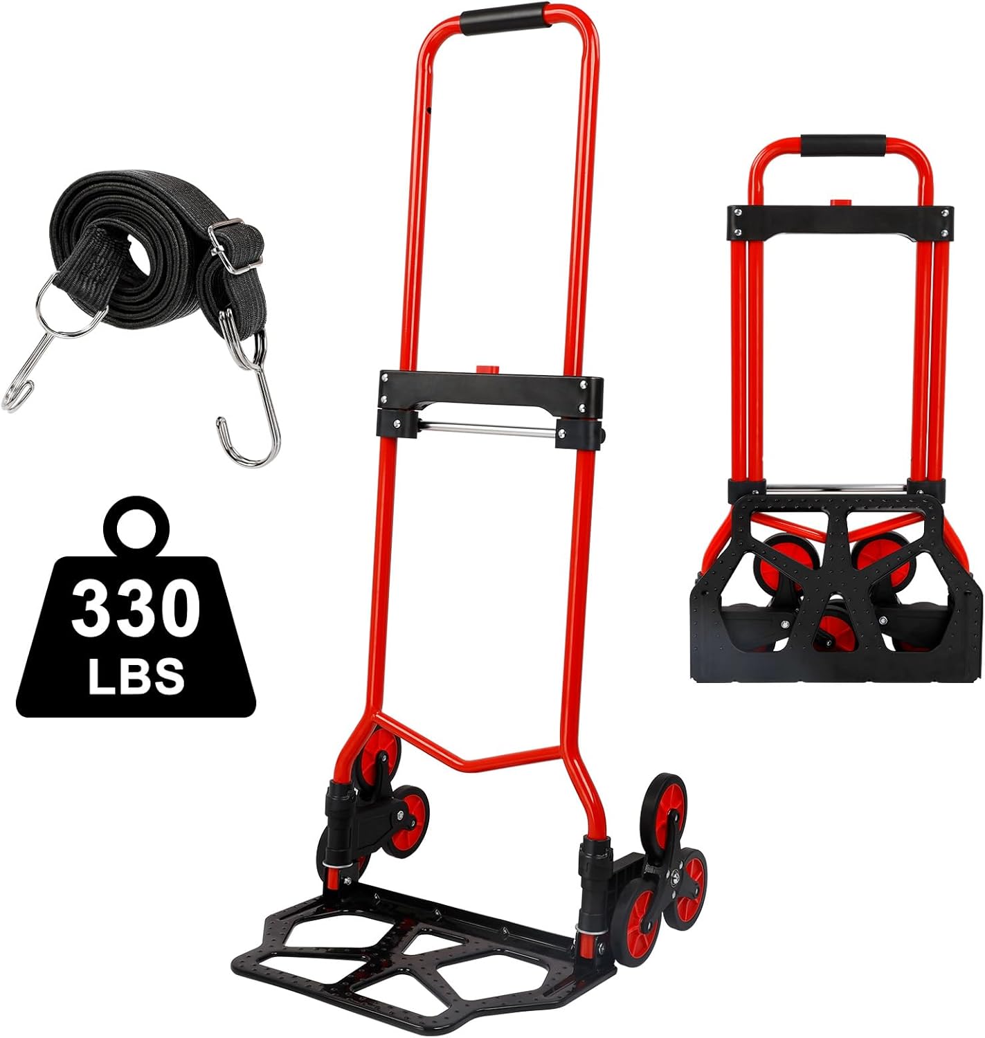 Foldable 6-Wheel Stair Climbing Dolly - 180Lbs Capacity, Telescopic Handle & Bungee Cord - Portable Hand Truck for Stairs, Moving & Deliveries