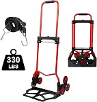 Foldable 6-Wheel Stair Climbing Dolly - 180Lbs Capacity, Telescopic Handle & Bungee Cord - Portable Hand Truck for Stairs, Moving & Deliveries