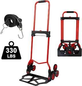 Foldable 6-Wheel Stair Climbing Dolly - 180Lbs Capacity, Telescopic Handle & Bungee Cord - Portable Hand Truck for Stairs, Moving & Deliveries