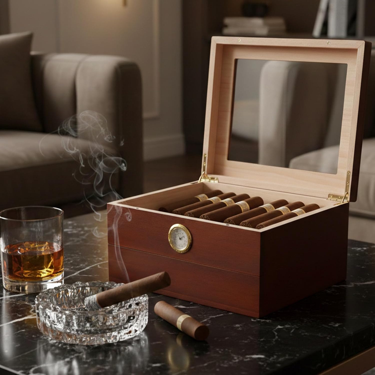 Pine Wood Cigar Humidor with Digital Hygrometer and Accessory Drawer - Handcrafted Two-Layer Large Capacity Cigar Box with Spanish Cedar Lining - Real Glass Top Display for 20-50Cigars, Men's Gift