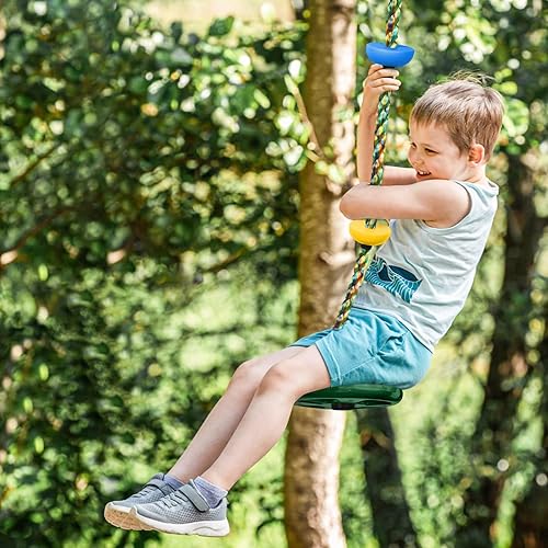 Miniatura 7 de Columpio de árbol para niños, juego de cuerda de escalada de asiento de un solo disco resistente con correa para colgar y mosquetones de plataforma