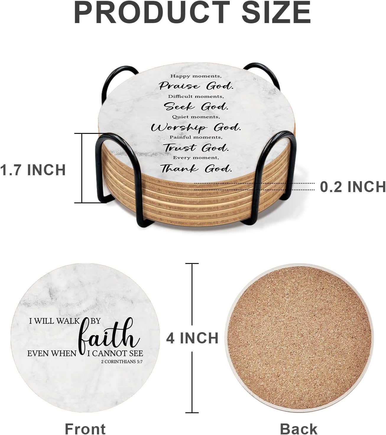 Bible Verses Coasters Set of 6 with Holder, Cork Drink Coasters for Coffee Table, Christian Gifts for Women Home Decor, White - Image 3