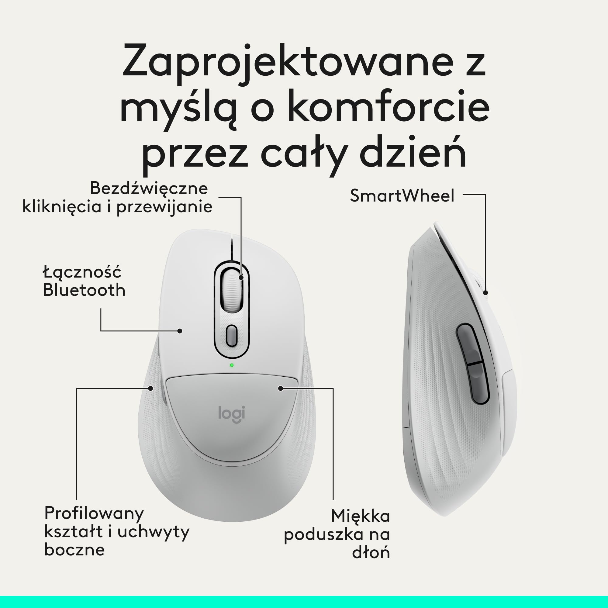 Logitech Signature Comfort Plus M850 L, bezprzewodowa mysz, mysz Bluetooth z poduszką na dłoń, bezdźwięcznymi kliknięciami, 24-miesięczną baterią, konfigurowalnymi przyciskami,Windows,Mac, iPad -Biały