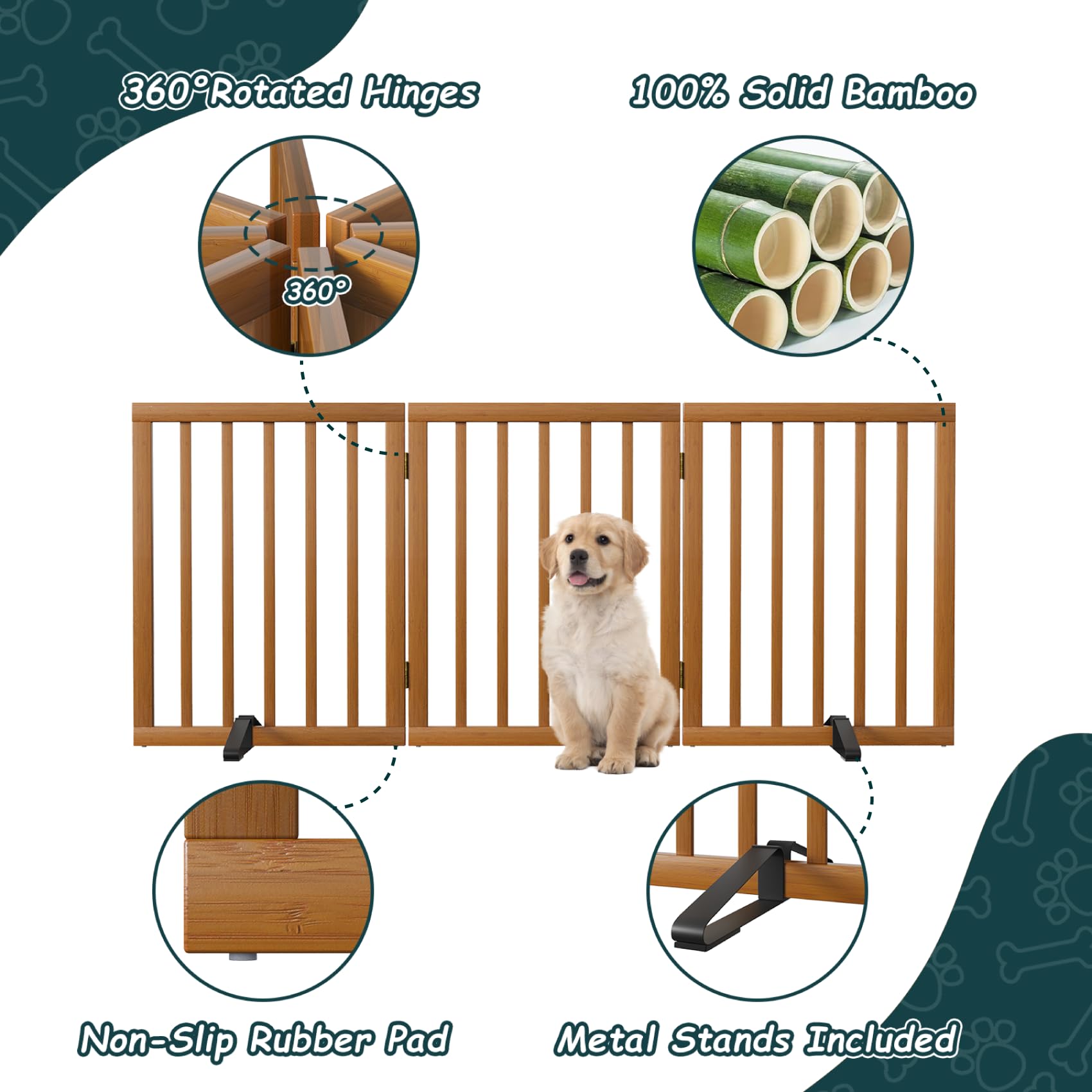 Barrière de Sécurité pour Chien 3 Panneaux sans Perçage 61cm x 140cm avec Supports Métalliques Noyer