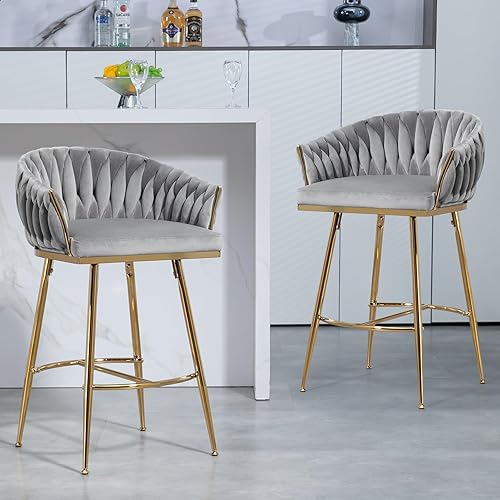 Juego de 2 taburetes de bar de altura de mostrador de 26 pulgadas, taburete de bar de terciopelo para isla de cocina con respaldo ondulado, base