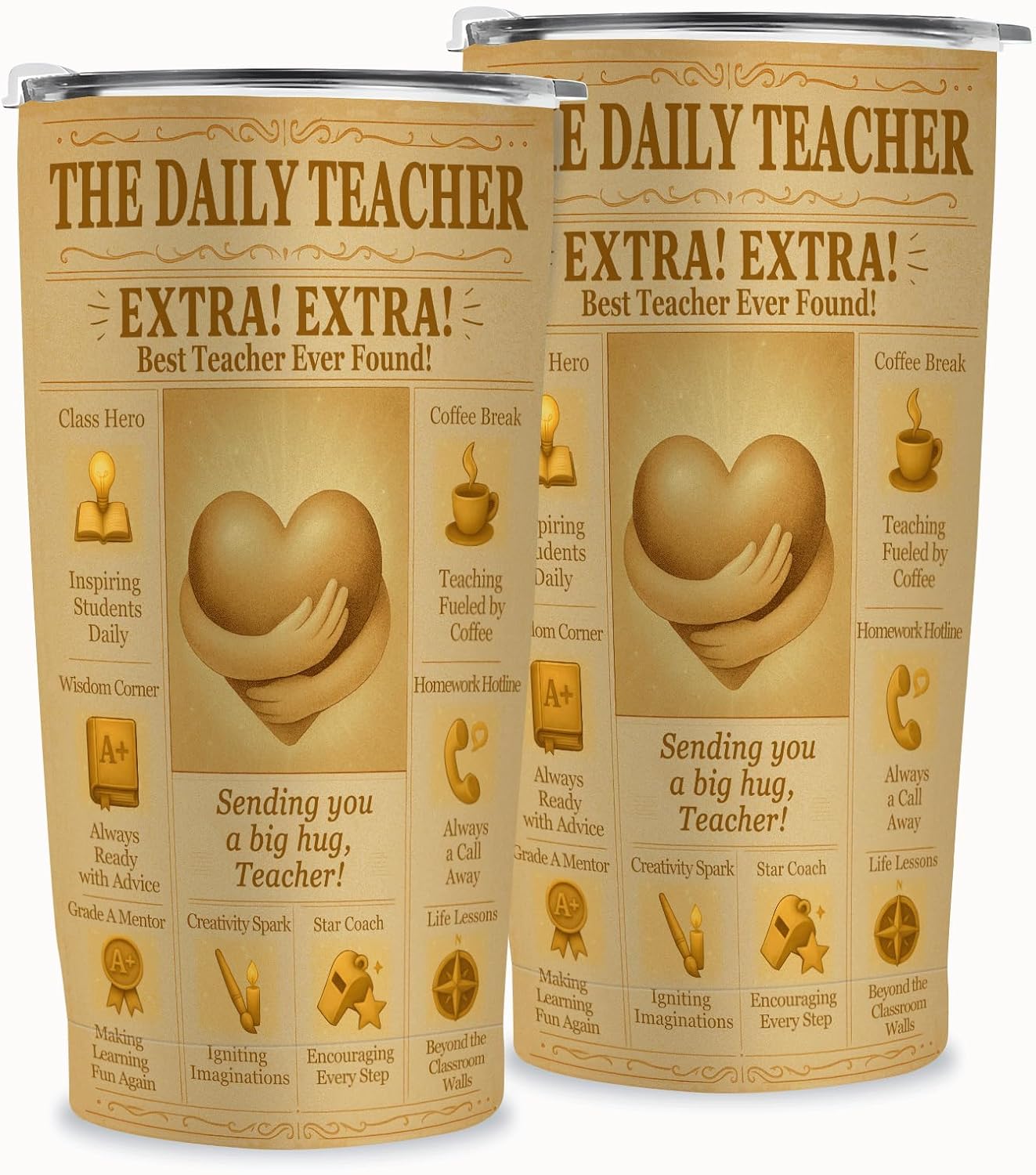 Teacher Appreciation Gifts 20oz Tumbler - Vintage Newspaper Insulated Stainless-Steel Travel Coffee Mug with Lid, Best Teacher Ever, Back to School Thank-You Gift for Women or Men - Image 3