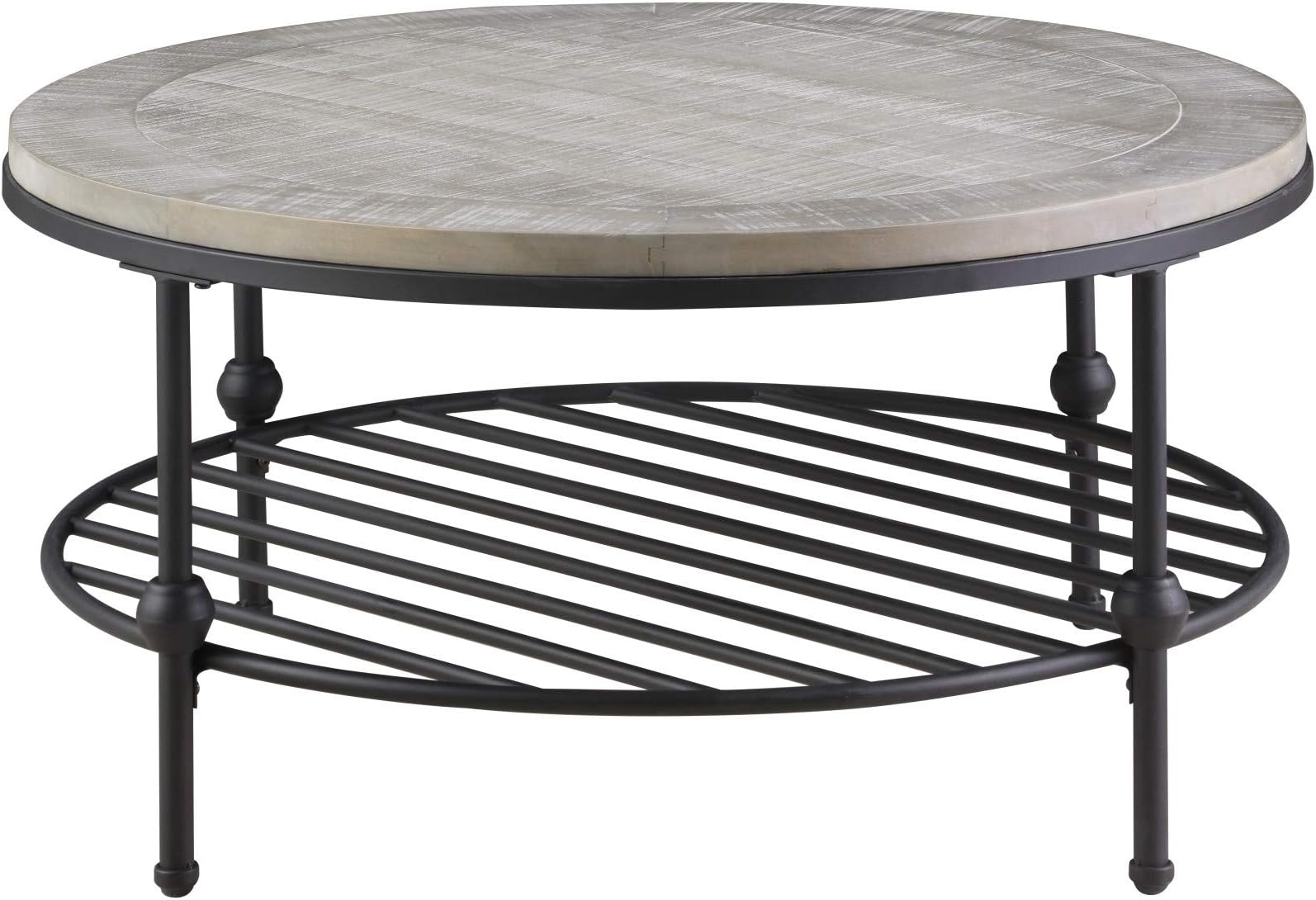 Artum Hill Willis Round Coffee Table in Antique Gray with Wood Top, Metal Base, And Open Storage Shelf