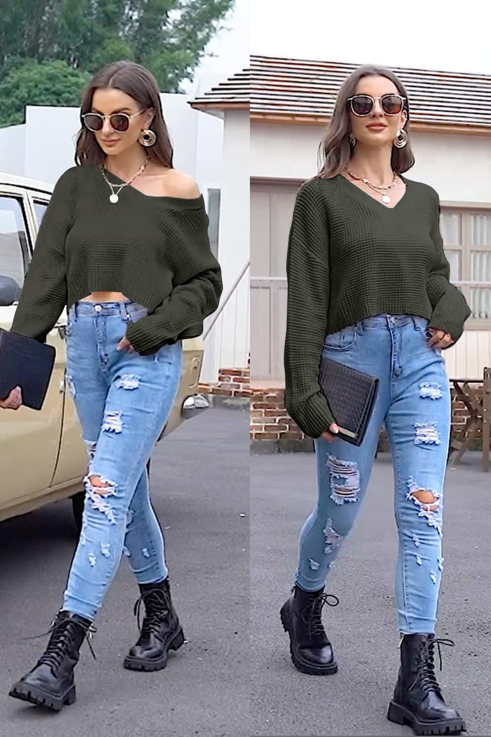 Jumppmile Womens V Neck Waffle Knit Cropped Top Long Sleeve Pullover Crop Sweater - Image 4