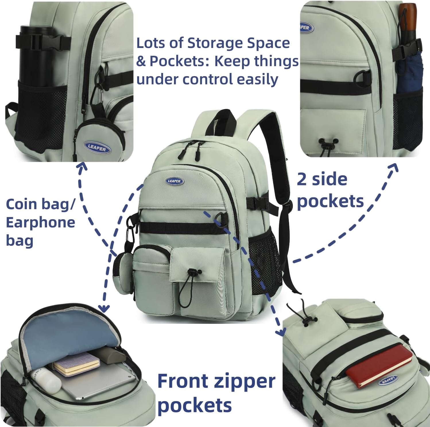 Leaper School Laptop Backpack for Women: Water Resistant Travel Backpack with Water Bottle Pocket - Laptop Bag for College Work - Lightweight Bookbag for Kids Girls Boys Green