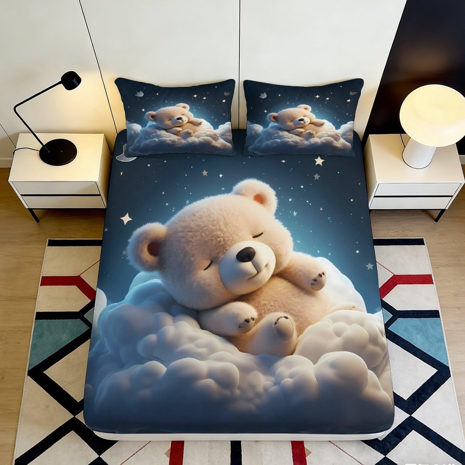 3D Printed Cloud Bear Fitted Sheet Microfiber Deep Pocket Non-Slip Bedroom Cloud Bear Mattress Fitted Cover Washable 140x200x25cm