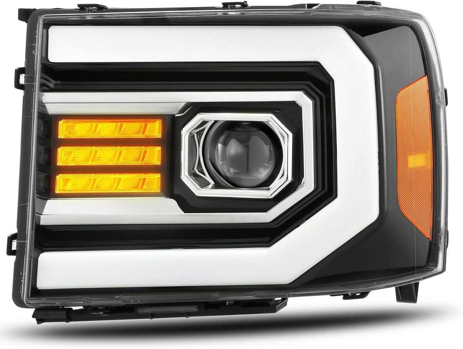 AlphaRex Base Model Jet Black Fit 07-13 GMC Sierra 1500/07-14 Sierra 2500HD/3500HD LED DRL Tube Dual Projector Headlights