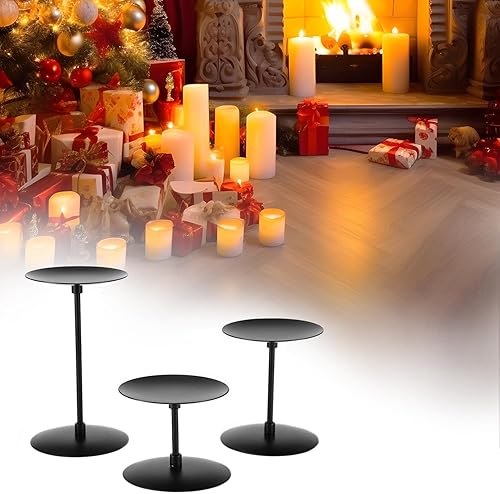 Miniatura 8 de QWORK Elegante portavelas negro de 3 pilares, centros de mesa de hierro forjado de metal resistente con acabado mate, juego de 2