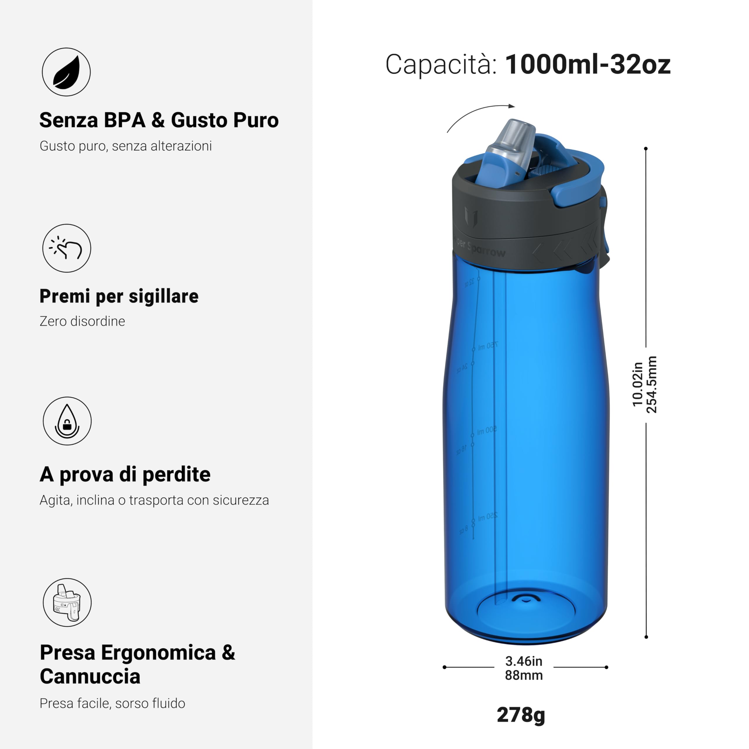 Sparrow Borraccia - 500ml, 750ml, 1L - TouchFlow Bottiglia Senza BPA - Senza Perdite Borraccia Cannuccia - Borracce Sportiva Flusso Rapido Con Un Clic per Scuola, All'aperto