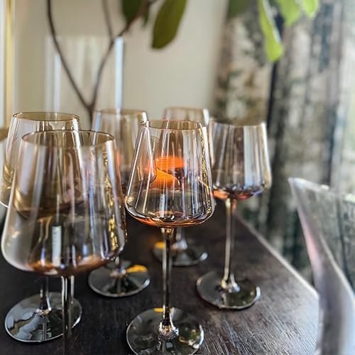 Miniatura 7 de Juego de 6 copas de vino de color ámbar con tallo y parte inferior plana, copas de vino modernas y coloridas, sopladas a mano, regalos duraderos