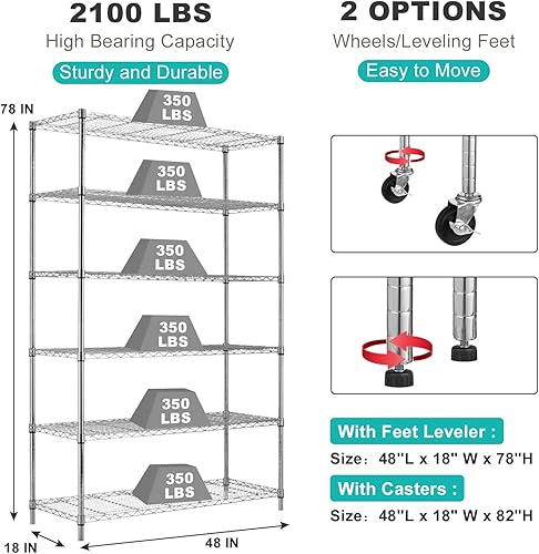 Miniatura 2 de BLKMTY Estantería de alambre de 6 niveles, estantes de almacenamiento ajustables, estante de metal con ruedas, estante de alambre para garaje,
