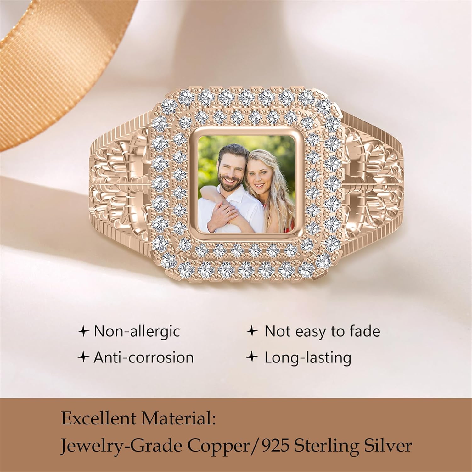 LucySky Sterling Silver Heart Chunky Band Personalized Photo Rings for Women Engraved Promise Ring for Women Mom Grandma on Mother's Day Christmas Birthday