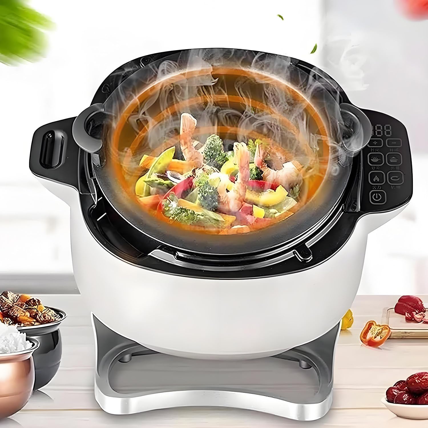 2000w Automatic Stir Fry Machine, 6l Automatic Cooking Machine, with Smart Touch Panel and 360° Rotating Inner Pot, 3-Level Power Adjustment, for Restaurants, Home Kitchens