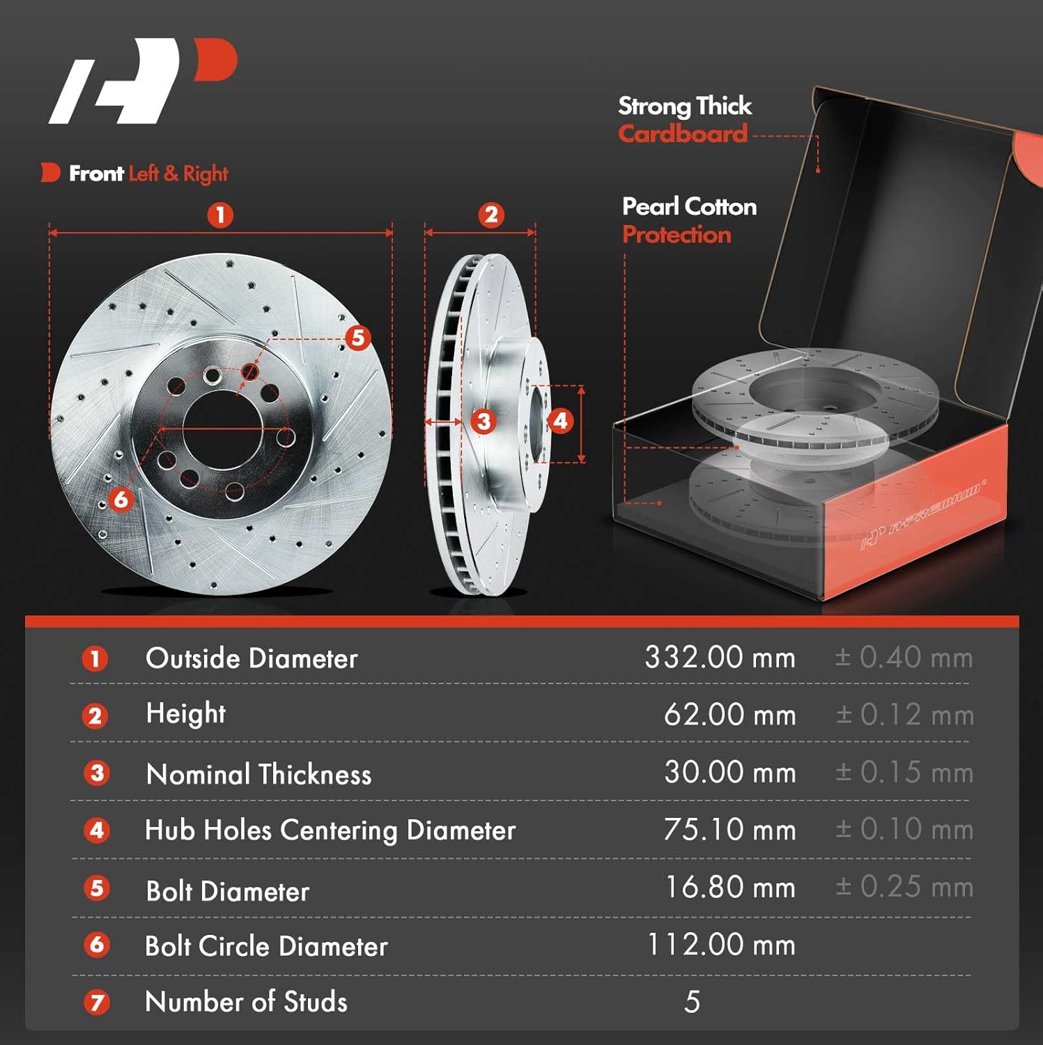 A-Premium 13.08 inch (332mm) Front Drilled and Slotted Disc Brake Rotors + Ceramic Pads Kit Compatible with Select BMW Models - X5 2000 4.4L, X5 2001-2006 3.0L/4.4L, 6-PC Set